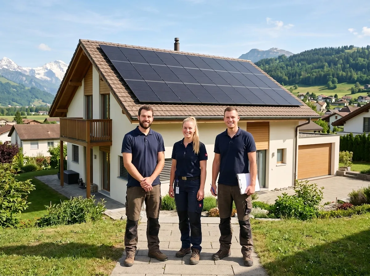 Das Norix-Team vor einem Eigenheim mit Solaranlage in der Region Schaffhausen